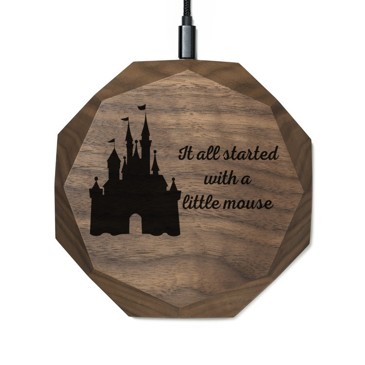 Wireless Charger QI Maus Schloss / Mouse Castle Design (Gravur) [Walnuss] Holz